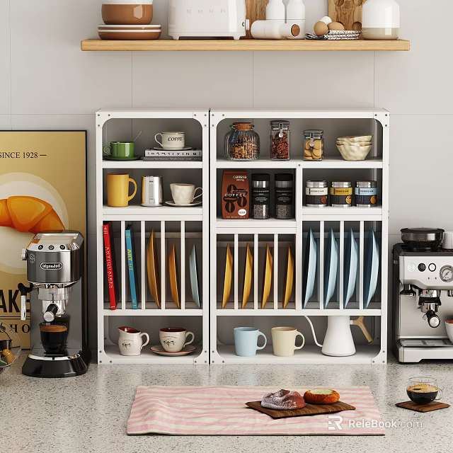 White Kitchen Storage Shelf With Mugs Jars Plates Books And Coffee Machine 3d model 