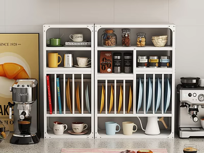 White Kitchen Storage Shelf With Mugs Jars Plates Books And Coffee Machine 3d model