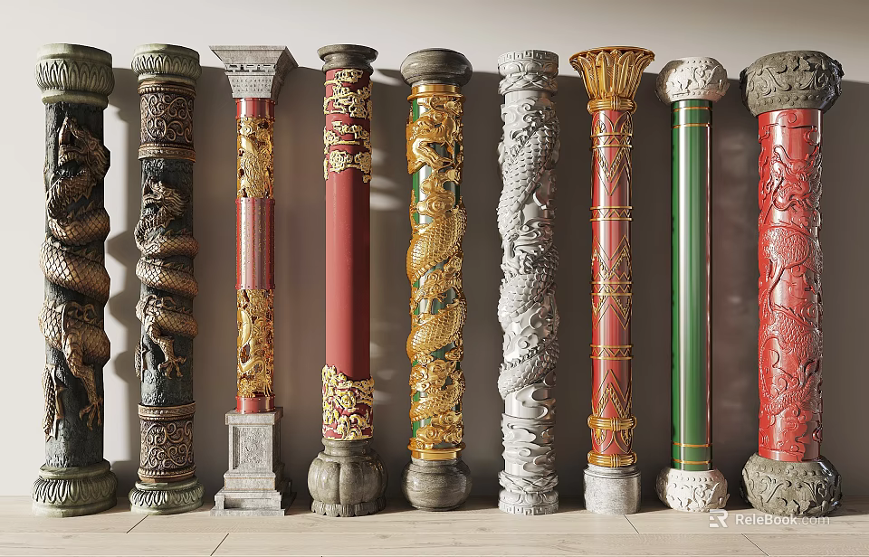 Various Decorative Columns With Intricate Carvings Dragon Patterns And Colorful Finishes 3d model 