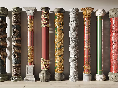 Various Decorative Columns With Intricate Carvings Dragon Patterns And Colorful Finishes 3d model