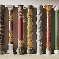 Various Decorative Columns With Intricate Carvings Dragon Patterns And Colorful Finishes