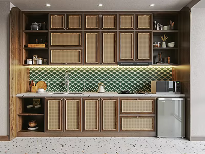 Wooden Kitchen Cabinets With Green Backsplash Countertop And Interior Storage Design 3d model