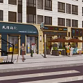 Vibrant Commercial Street with Multi Story Buildings Various Shops Pedestrians And Paved Plaza Area