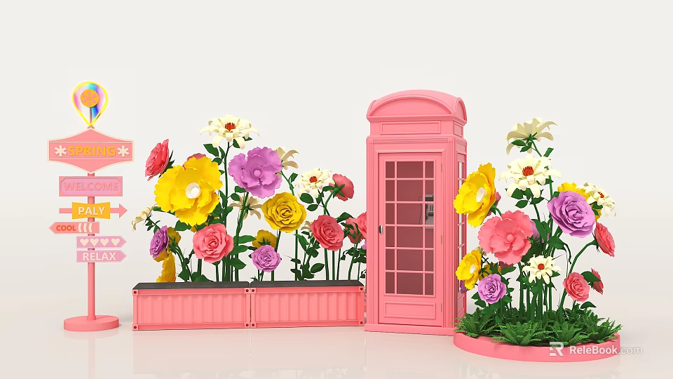 Vibrant Floral Display With Pink Telephone Booth And Colorful Flowers Decoration 3d model 