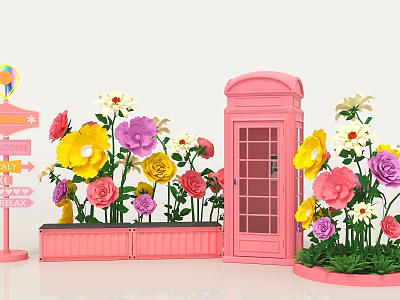 Vibrant Floral Display With Pink Telephone Booth And Colorful Flowers Decoration 3d model