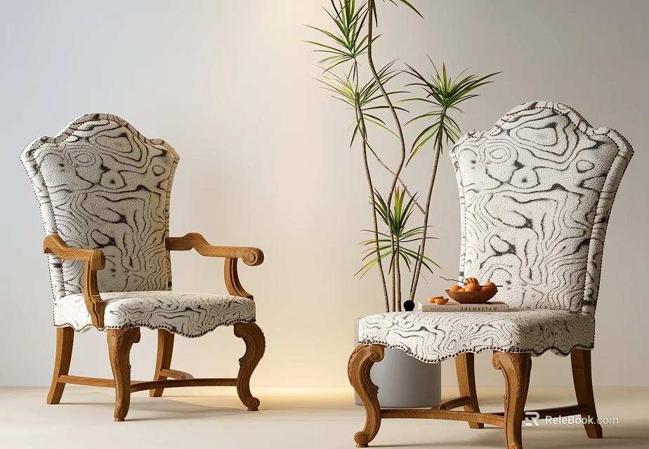Classic Dining Chairs With Wooden Frames Black White Patterned Fabric Armrests Curved Legs Green Plant 3d model 