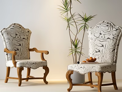 Classic Dining Chairs With Wooden Frames Black White Patterned Fabric Armrests Curved Legs Green Plant 3d model