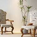 Classic Dining Chairs With Wooden Frames Black White Patterned Fabric Armrests Curved Legs Green Plant