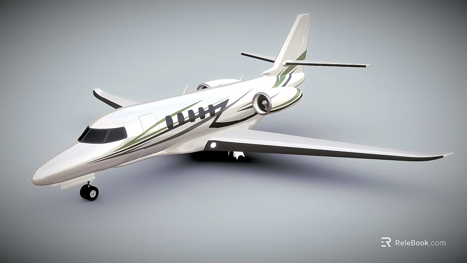 White Private Jet With Green Accents And Sleek Exterior Design Features 3d model 