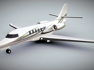 White Private Jet With Green Accents And Sleek Exterior Design Features 3d model