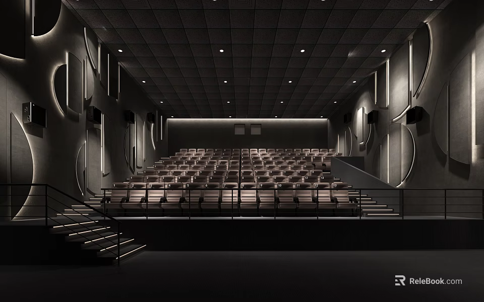 Modern Cinema Interior With Comfortable Seats Stairs Ceiling Lighting And Curved Wall Decor 3d model 
