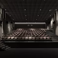 Modern Cinema Interior With Comfortable Seats Stairs Ceiling Lighting And Curved Wall Decor
