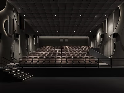 Modern Cinema Interior With Comfortable Seats Stairs Ceiling Lighting And Curved Wall Decor 3d model