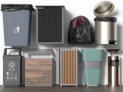 Public Facility Waste Containers With Lidded Metal And Wooden Texture Designs 3d model