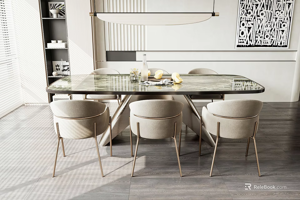 Modern Dining Table Set With Light Colored Chairs Metal Legs And Sleek Tabletop 3d model 