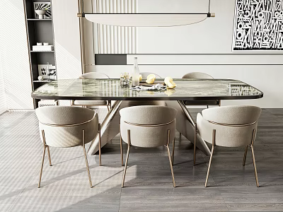 Modern Dining Table Set With Light Colored Chairs Metal Legs And Sleek Tabletop 3d model