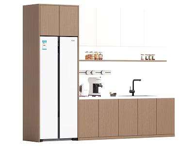 Contemporary Kitchen Interior Featuring Brown Refrigerator Cabinet White Refrigerator And Wooden Cabinets 3d model