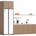 Contemporary Kitchen Interior Featuring Brown Refrigerator Cabinet White Refrigerator And Wooden Cabinets