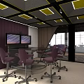 Modern Conference Room With Yellow Ceiling Panels Purple Walls Dual Screens And City View