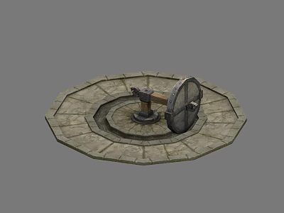 Ancient Circular Stone Platform With Wooden Pillar And Metal Wheel Device 3d model