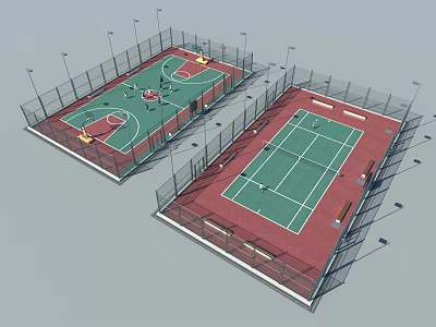 Outdoor Dual Tennis Courts With Fencing Lighting And Red Green Court Surface 3d model