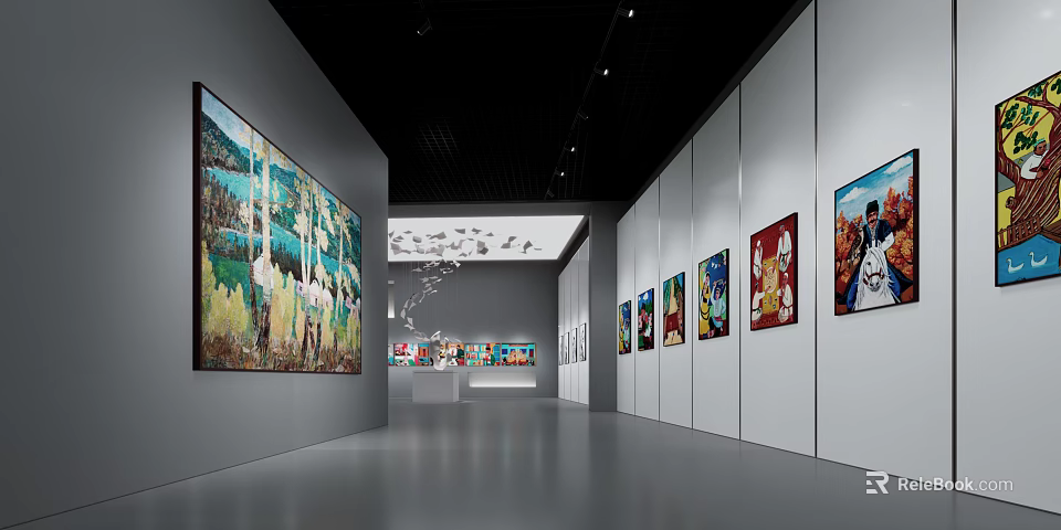 Art Gallery Exhibition Space With Paintings On Walls Central Display Stand And Ceiling Lighting 3d model 
