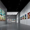 Art Gallery Exhibition Space With Paintings On Walls Central Display Stand And Ceiling Lighting