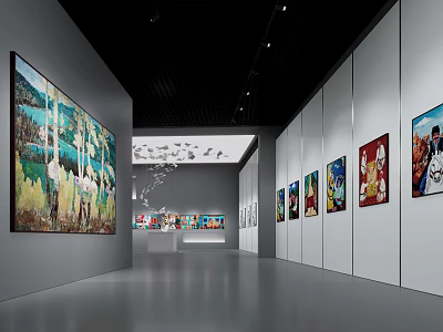 Art Gallery Exhibition Space With Paintings On Walls Central Display Stand And Ceiling Lighting 3d model