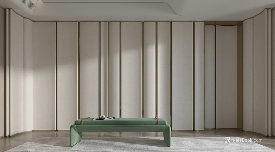 Modern Elegant Bed Accent Wall with Upholstered Lines Beige Color and Green Bench 3d model 