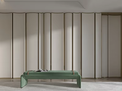 Modern Elegant Bed Accent Wall with Upholstered Lines Beige Color and Green Bench 3d model