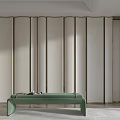 Modern Elegant Bed Accent Wall with Upholstered Lines Beige Color and Green Bench