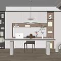Modern Study Room Interior With Wooden Desk Laptop Bookshelves Chair And Pendant Light