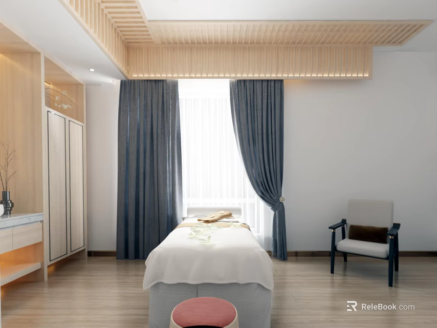 SPA Sauna Room With Massage Bed Gray Curtains Bright Lighting And Cozy Atmosphere 3d model 