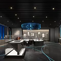 Art Exhibition Hall With Display Cabinets Blue Backdrop Walls And Circular Ceiling Decoration