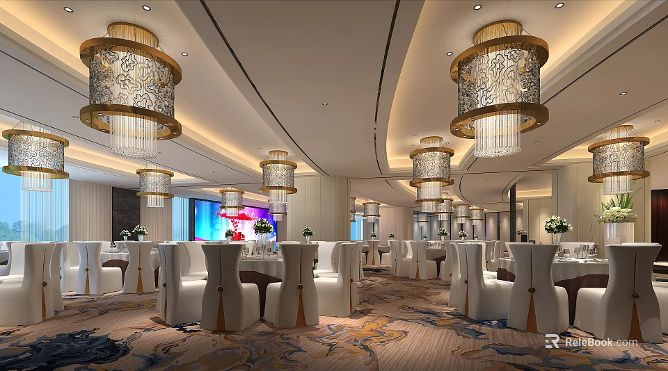 Luxurious Banquet Hall With Ornate Chandeliers White Chairs And Patterned Carpet Dining Setup 3d model 