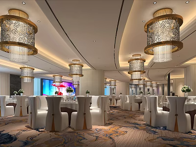 Luxurious Banquet Hall With Ornate Chandeliers White Chairs And Patterned Carpet Dining Setup 3d model