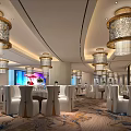 Luxurious Banquet Hall With Ornate Chandeliers White Chairs And Patterned Carpet Dining Setup