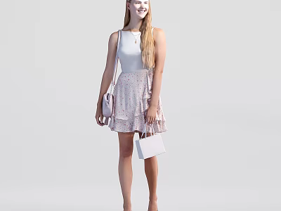 Stylish Young Woman In White Tank Top And Pink Floral Skirt Holding Shopping Bags 3d model