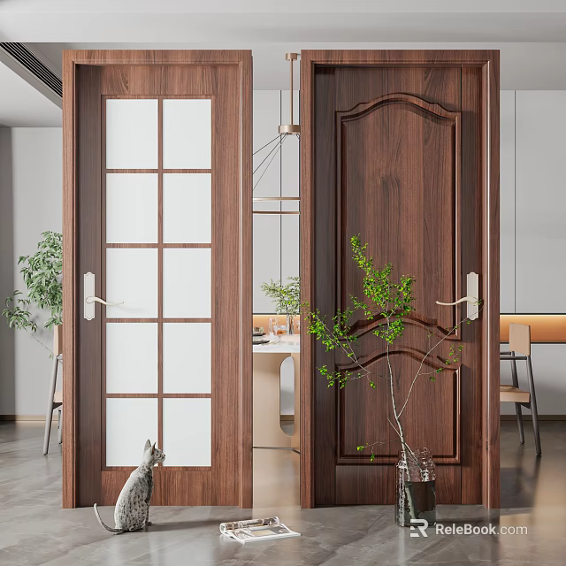 Solid Wood Swing Door With Glass Panel And Green Plants In Modern Interior 3d model