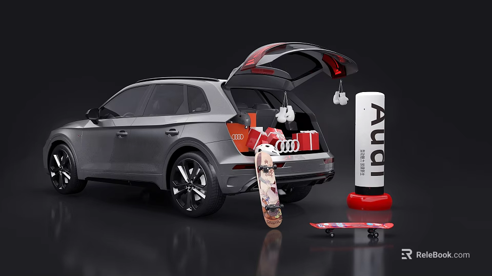 Silver Audi SUV With Open Trunk Featuring Skateboard And Logo Pillar 3d model 