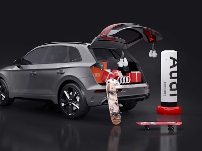 Silver Audi SUV With Open Trunk Featuring Skateboard And Logo Pillar 3d model