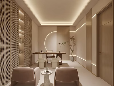 Modern Minimalist Office Interior With Wooden Elements Round Light Strip Tables Chairs And Green Plants 3d model