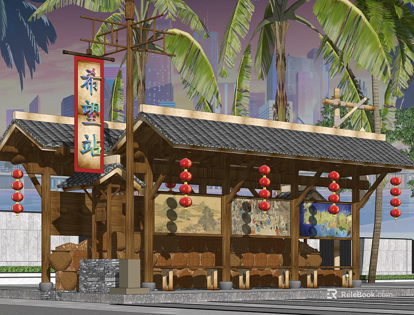 Traditional Wooden Tea Station Pavilion With Red Lanterns Palm Trees And Benches 3d model 
