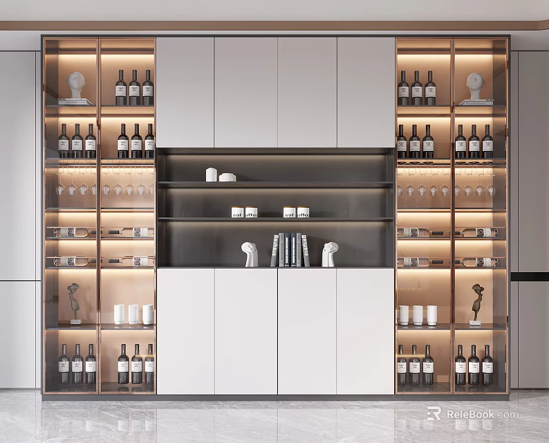 Modern Wine Cabinet Interior Design With Wine Bottles Wine Glasses Books Sculptures And LED Lighting 3d model 