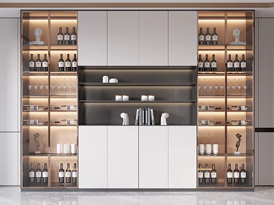 Modern Wine Cabinet Interior Design With Wine Bottles Wine Glasses Books Sculptures And LED Lighting 3d model