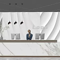 Modern Front Desk Reception With Professional Woman Marble Countertop Computers Green Plant And Logo Wall