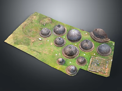 Domed Towers of Various Sizes Standing on Green Grassland With Small Structures 3d model
