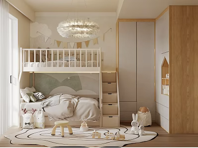 Light Wood Style Bunk Bed With Practical Storage Stairs For Warm Lovely Kids Bedroom Interior 3d model