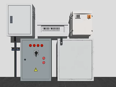 High Performance Industrial Control Panels With Gray Enclosures Red Buttons And Warning Signs 3d model