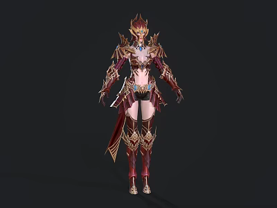 Warrior Woman in 3D Rendered Ornate Red and Gold Armor with Golden Decorations Horned Helmet 3d model